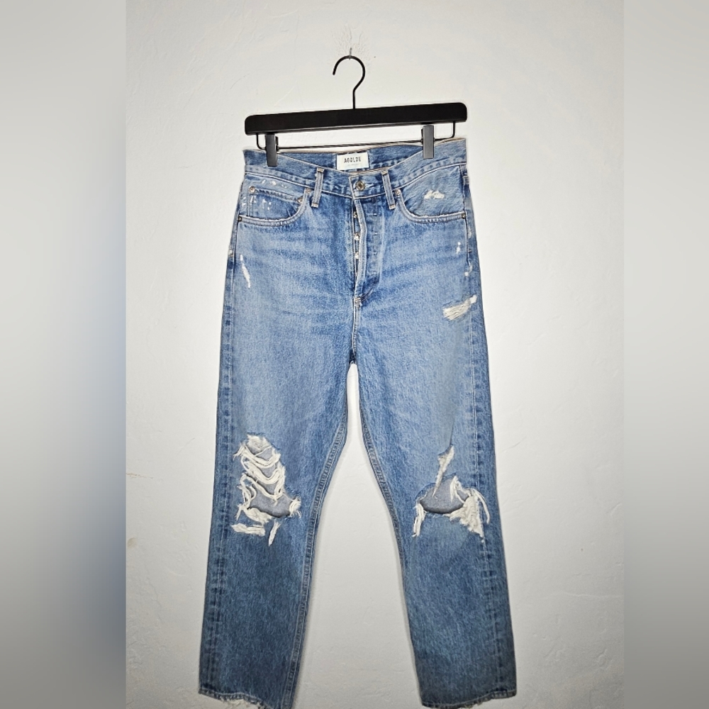 Agolde Light Blue Distressed Straight Leg Jeans